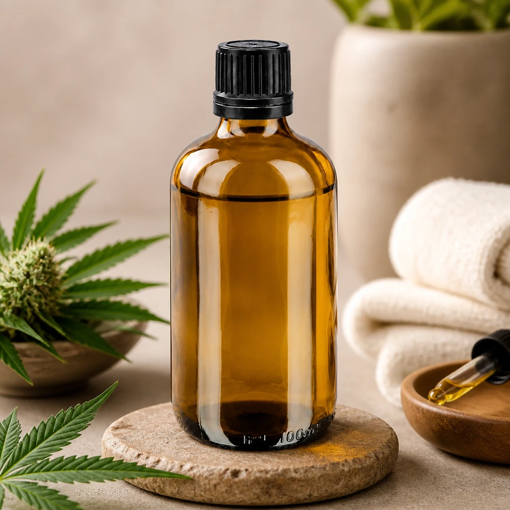 Botella de farmacia marrón 100ml tapón cuentagotas premium 1mm negro a prueba de manipulaciones Frasco cuentagotas de vidrio ámbar de 100 ml con tapón OV negro junto a una planta de cannabis CBD
