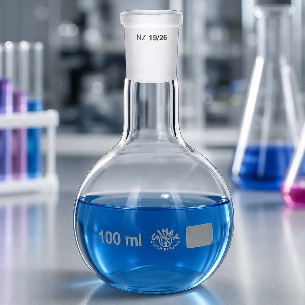 Frasco de 100 ml con junta esmerilada estándar (19/26) Frasco de laboratorio de 100 ml con líquido azul - vidrio de borosilicato con junta esmerilada normalizada 19/26