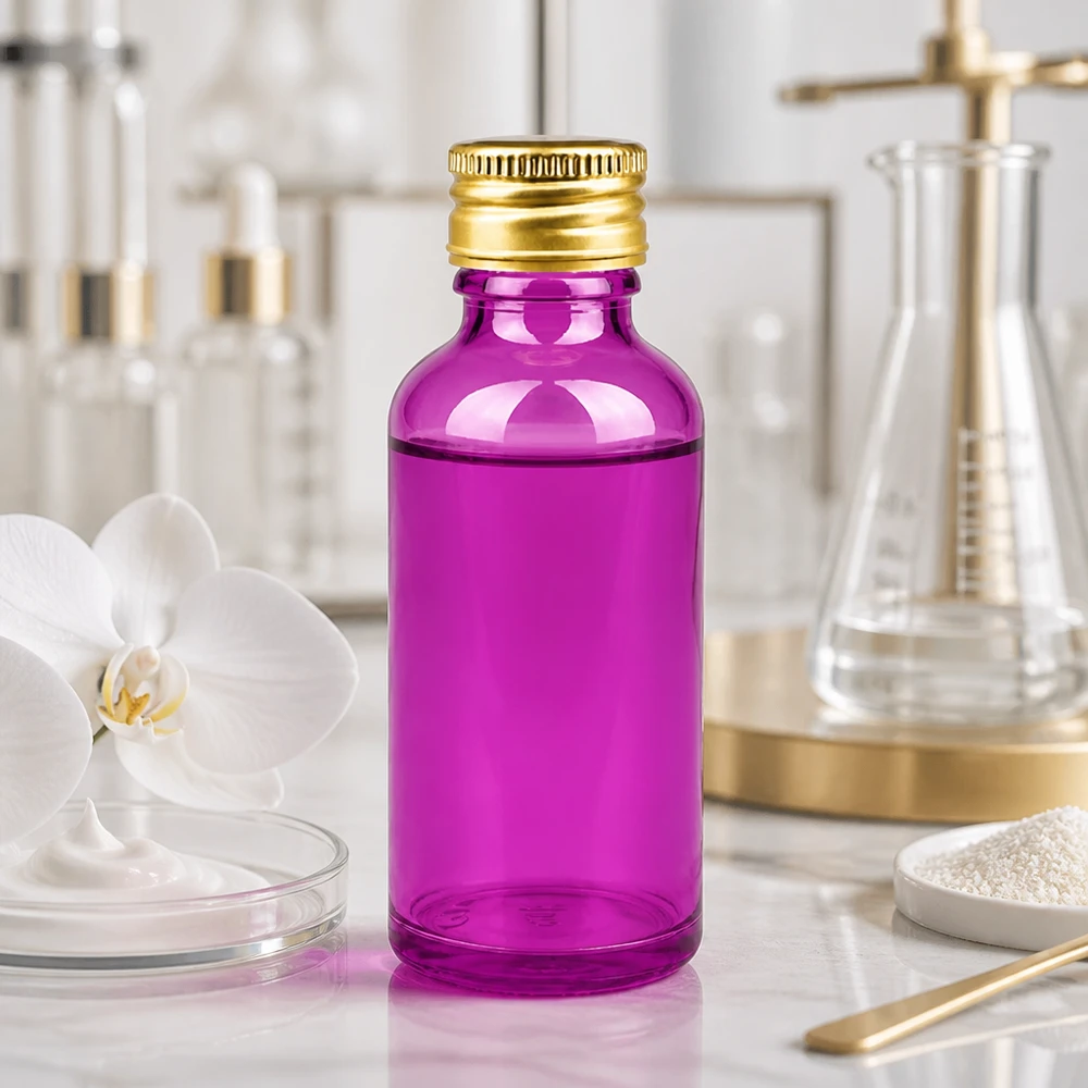 Frasco compacto de vidrio violeta de 50 ml con rosca STD y tapón de aluminio de primera calidad para pequeñas cantidades de producto