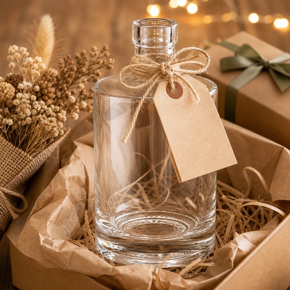 Botella de vidrio de 500 ml «Marie» sin tapón UNiTWIST® Botella de cristal de 500 ml Marie como idea de regalo con etiqueta de papel kraft y cordón de yute en embalaje rústico