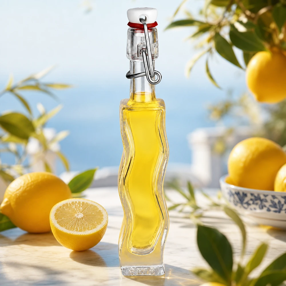 Botella de vidrio de 40 ml «Fila» con tapón de PVC UNiTWIST® 40ml Glasflasche Anna mit gelber Zitronenessenz auf weißer Marmorplatte mit frischen Zitronen und Kräutern im Mediterran