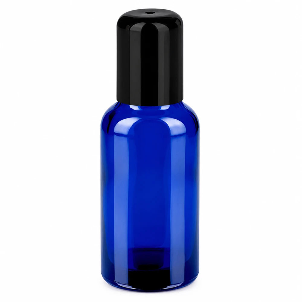 Frasco roll-on 30ml negro tapón estándar BlueLine UT18/30 Frasco roll-on de 30 ml en azul con tapón negro para aplicaciones cosméticas