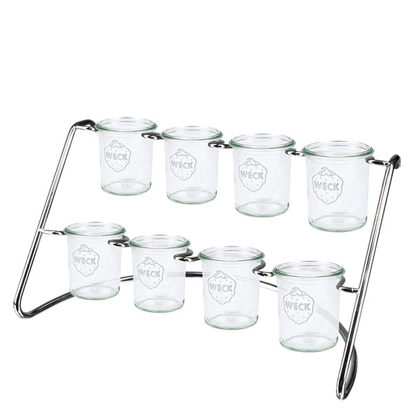Portavasos Flato8 para 8 vasos WECK WECK estante para servir Flato8 con 8 vasos suspendidos dispuestos en dos niveles sobre un bastidor de acero inoxidable