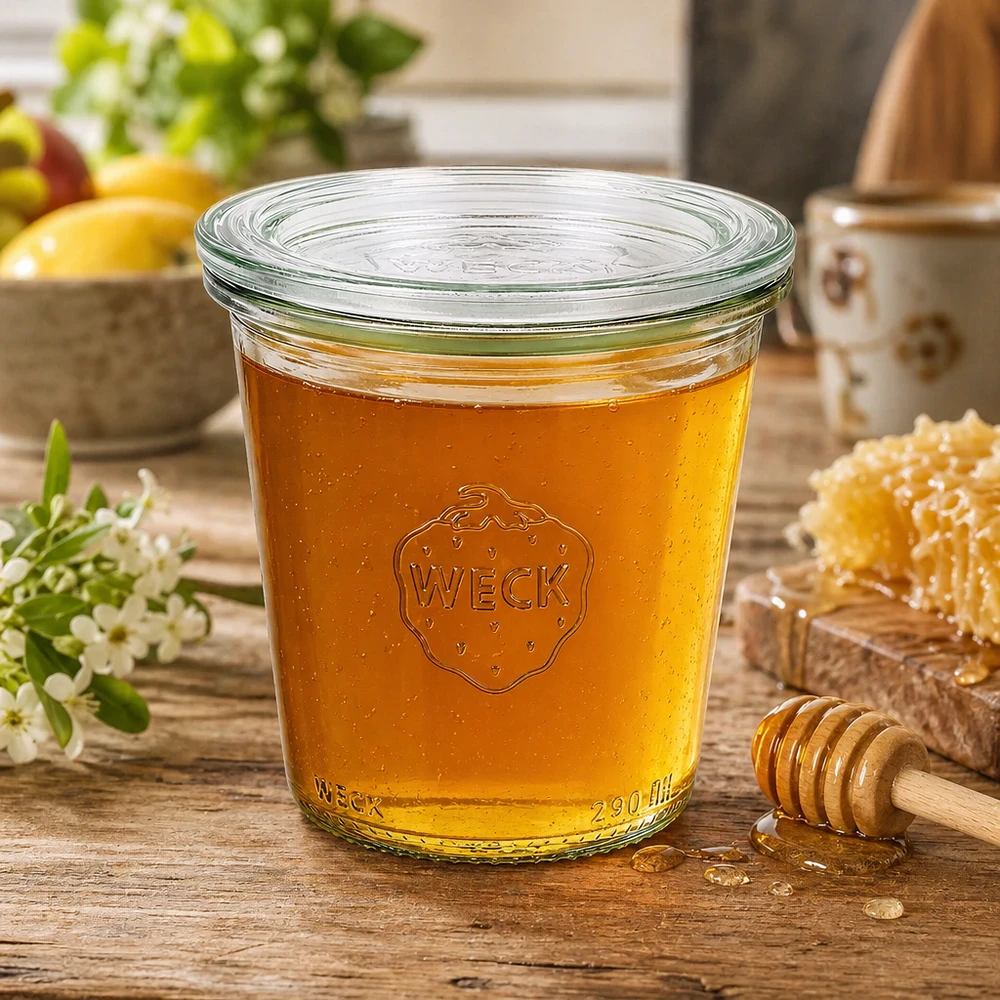Vasos WECK 290ml RR80 llenos de miel dorada y cuchara de miel como ejemplo de uso en un ambiente rústico