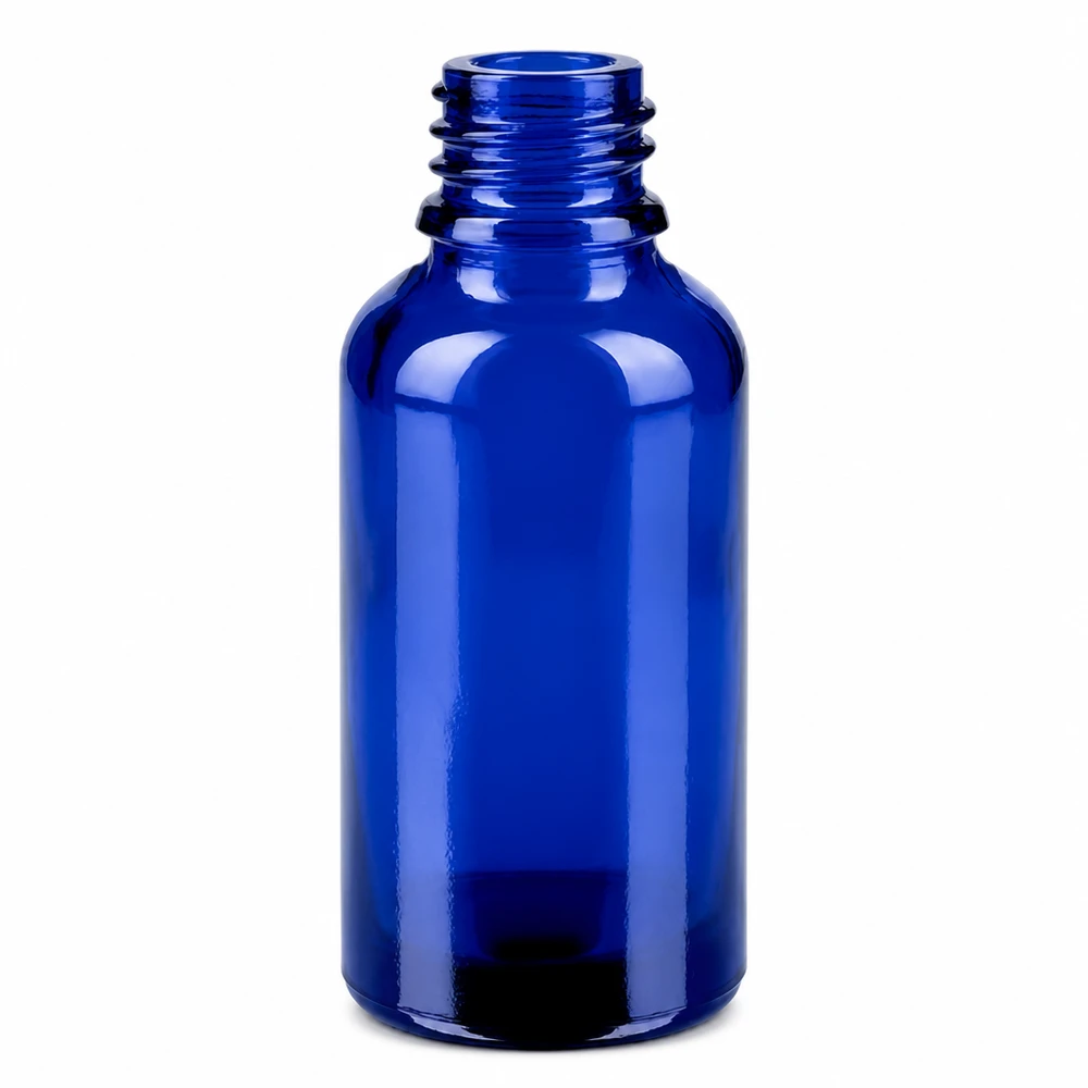 Frasco de vidrio azul de 30 ml con rosca para tapón cuentagotas y dosificación precisa