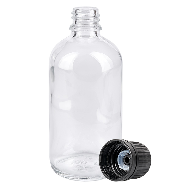 Botella Globul 100ml 8mm anillo vertedor negro cierre estándar ClearLine UT18/1 Frasco de farmacia vacío de 100 ml, de cristal transparente, con rosca de 18 mm y tapón cuentagotas negro