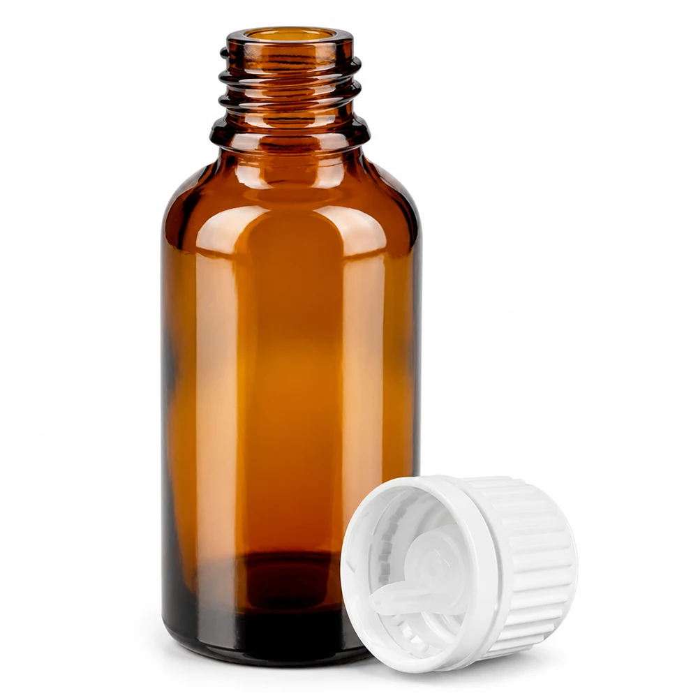 Frasco cuentagotas de 30 ml 0,7 mm tapón inviolable blanco BrownLine UT18/30 Frasco cuentagotas de 30 ml de vidrio ámbar con protección UV y tapón a prueba de niños para aceites esenciales