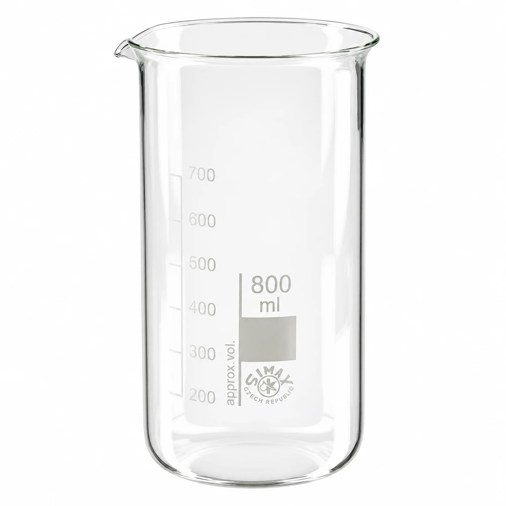 Vaso 800ml borosilicato, alto Vaso de precipitados de 800 ml, de forma alta, fabricado en vidrio borosilicato, con escala de mililitros, de SIMAX Czech Republic