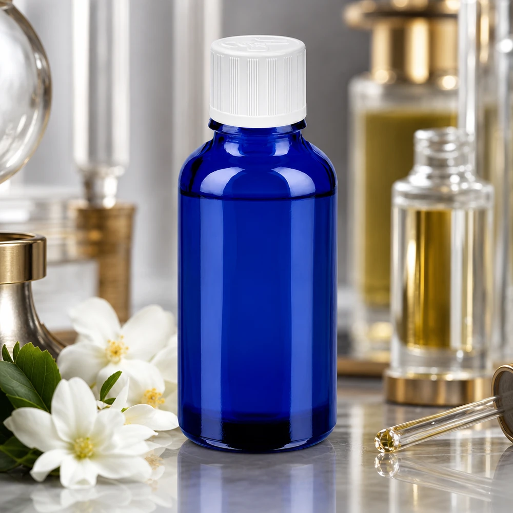 Botella 30ml 11mm tapón rosca blanco cierre inviolable BlueLine UT18/30 Elegante frasco de 30 ml en azul brillante con tapón blanco para aplicaciones cosméticas profesionales