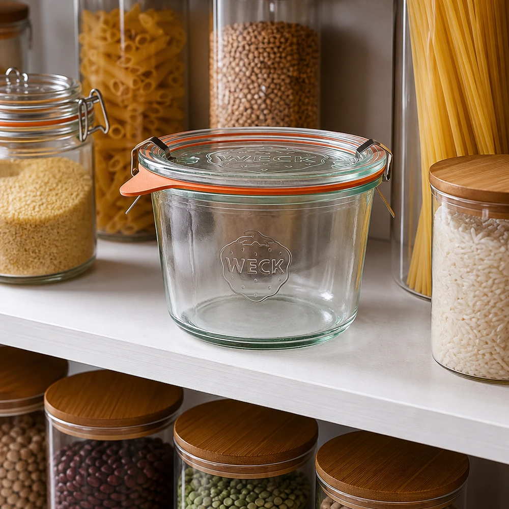 Tarro de almacenamiento WECK 370ml RR100 vacío en una despensa organizada junto a tarros llenos de pasta y legumbres