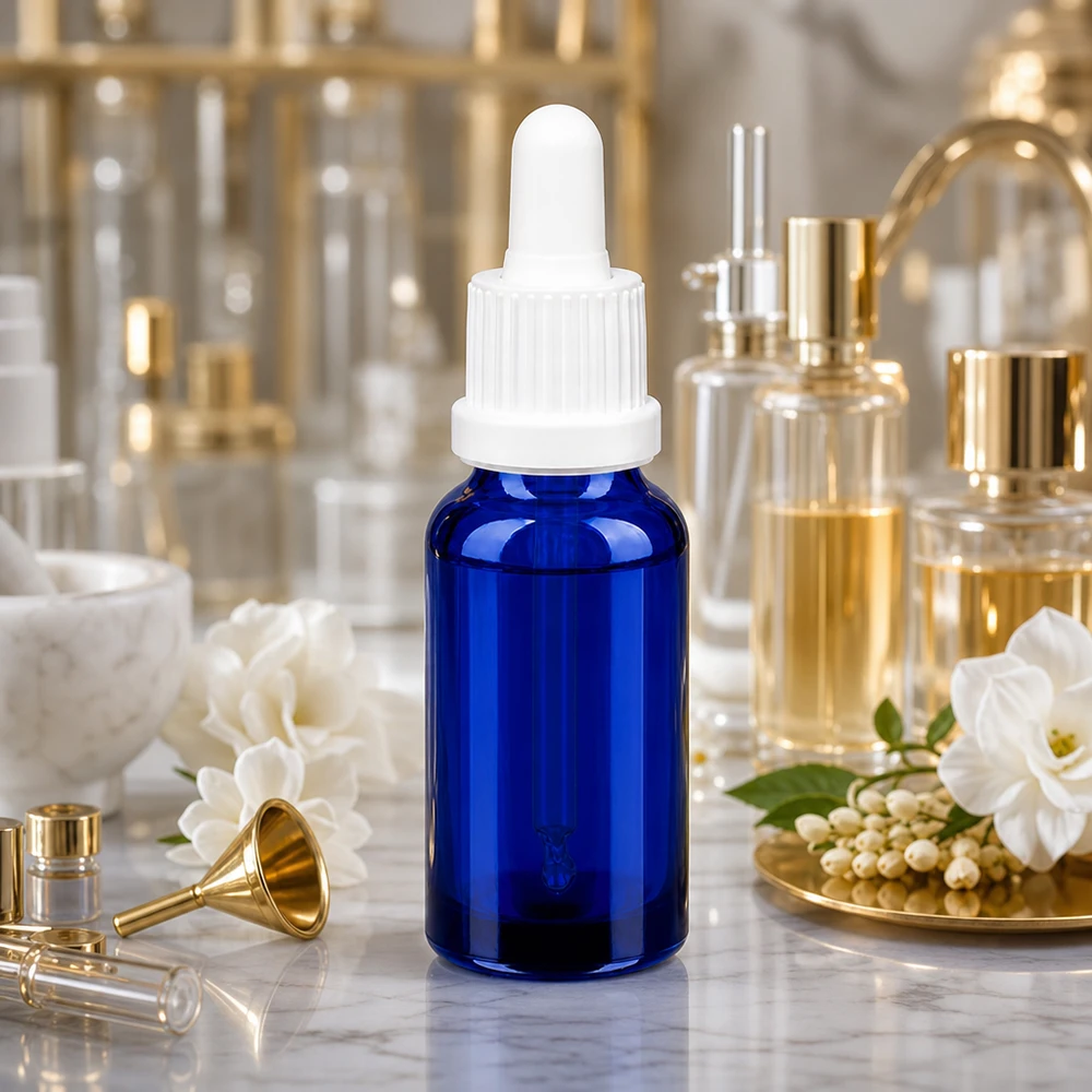 Frasco de vidrio de 20 ml de alta calidad con pipeta cuentagotas en azul cobalto clásico para sueros y tinturas