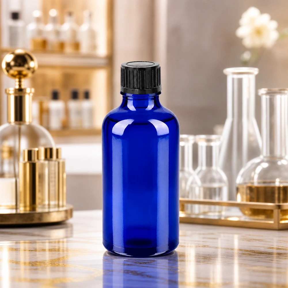 Frasco 50ml 11mm tapón rosca negro estándar BlueLine UT18/50 Elegante frasco de laboratorio de 50 ml en azul cobalto intenso con protección UV para sustancias fotosensibles