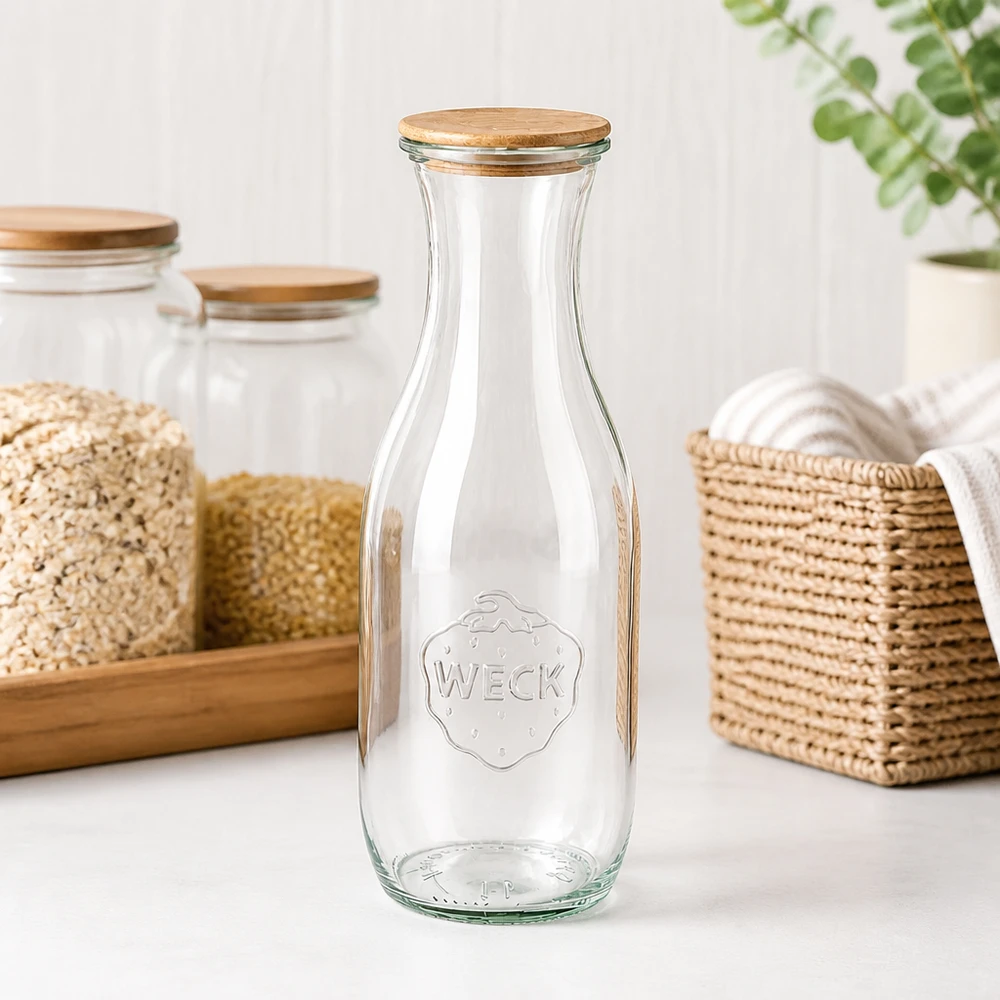 1062ml botella de zumo WECK RR60 con tapa de madera Botella de zumo WECK 1062ml RR60 vacía con tapa de madera en la encimera de la cocina junto a la cestería y tarros de almacenaje con cereales