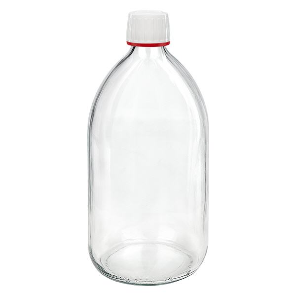 Frasco medicamento 1000ml transparente, tapón blanco con precinto rojo ApoGlas Frasco medicamento 1000ml transparente, tapón blanco con precinto rojo ApoGlas