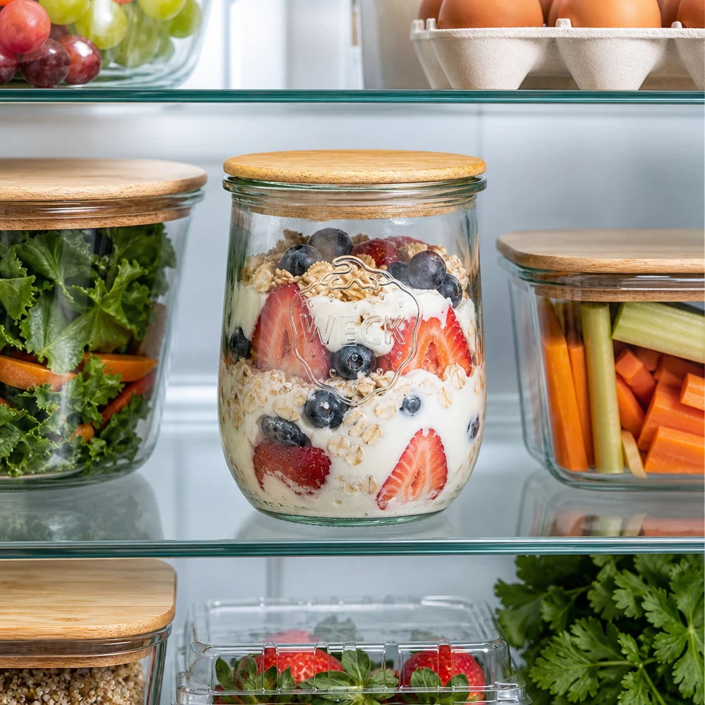 Tarro tulipán WECK RR100 1062ml con tapa de madera en el frigorífico lleno de muesli con yogur y bayas para preparar una comida sana