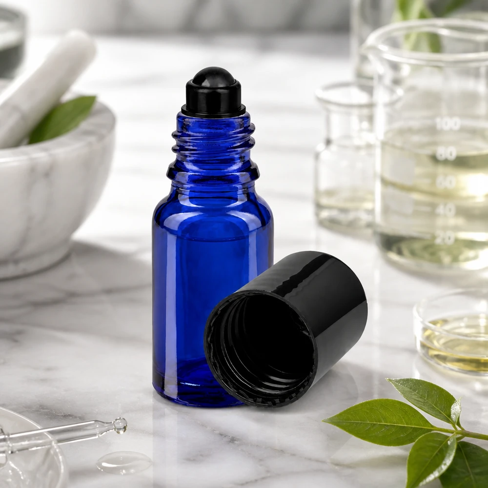Frasco azul de 10 ml con aplicador de bola de ApoGlas, abierto y sin la tapa de rosca negra, sobre mármol