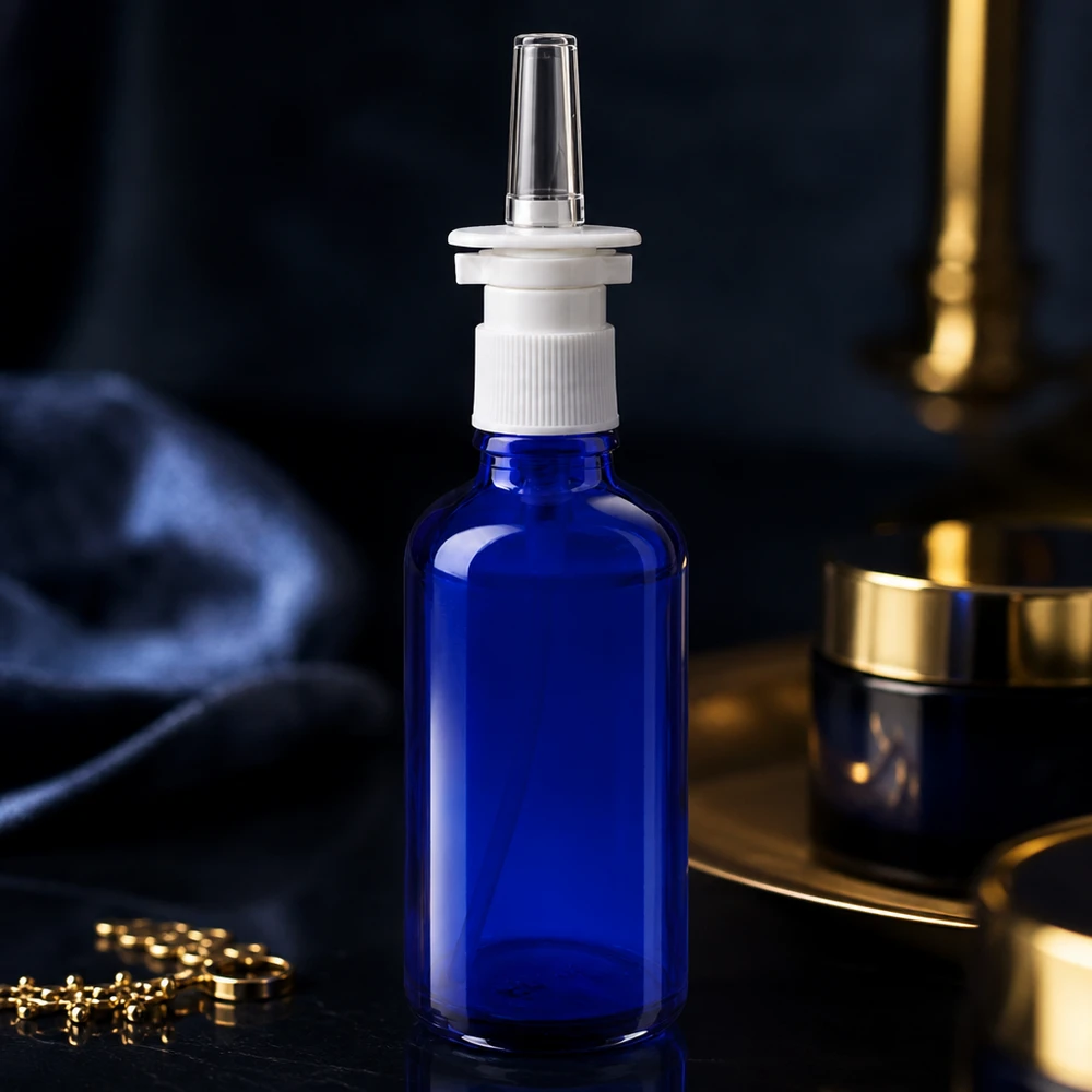Frasco para spray nasal de 50 ml, de cristal azul de farmacia, con tapón blanco y boquilla nasal transparente