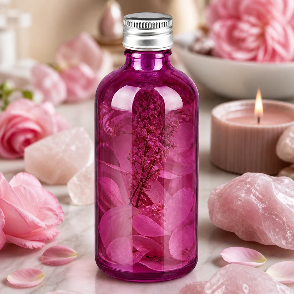 Elegante botella de vidrio de 100 ml con rosca de 11 mm y tapón de aluminio mate de color morado brillante