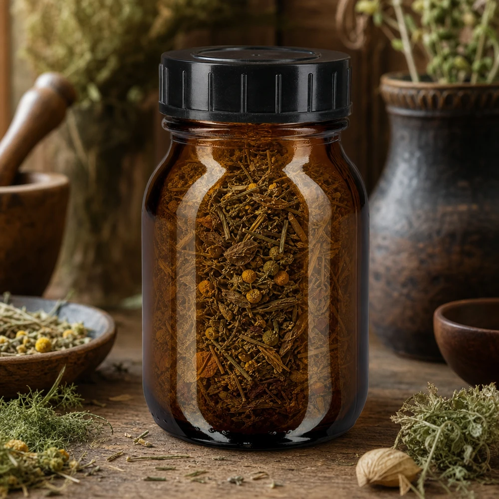 Botella de cuello ancho de 75ml de vidrio ámbar con tapón de rosca. Vielseitige 75ml Weithalsflasche Braunglas mit dichtem Verschluss für Küche und Hausapotheke