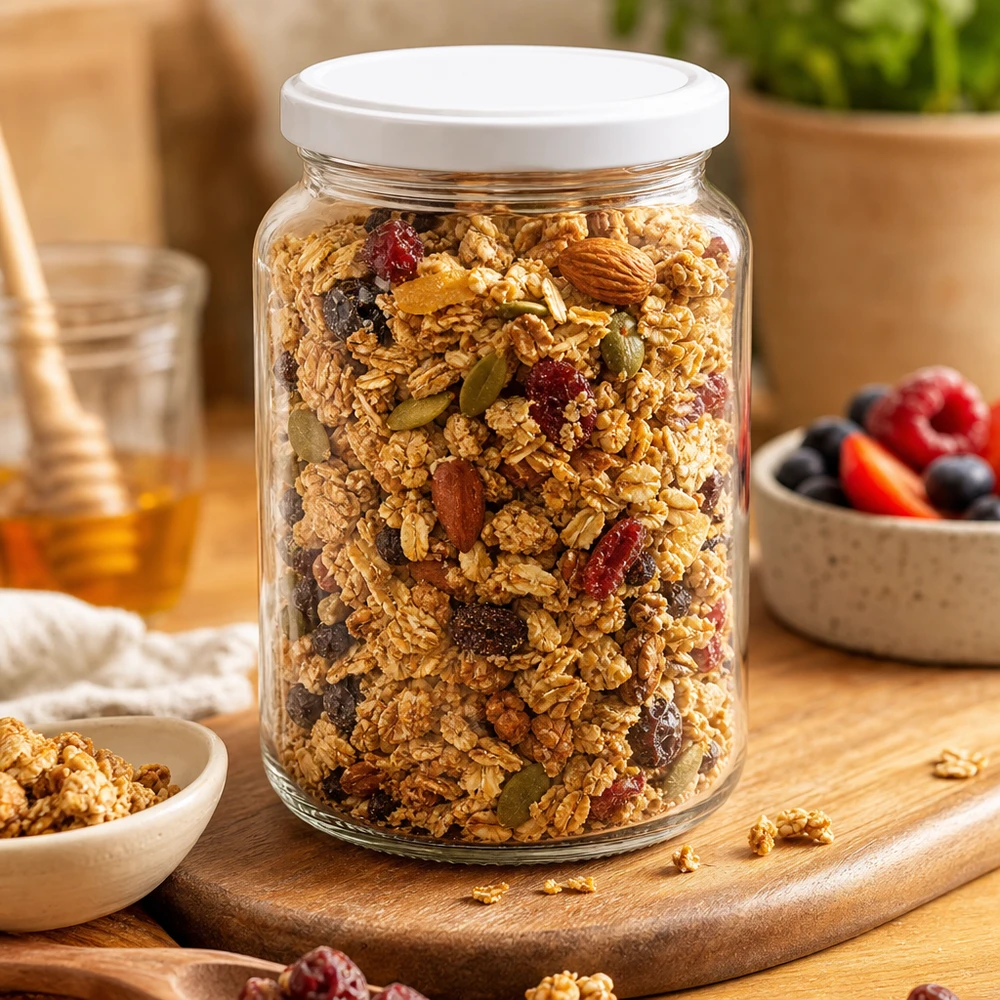 Tarro redondo UNiTWIST de 382 ml con tapa blanca BasicSeal relleno de muesli de frutos secos como tarro de almacenaje