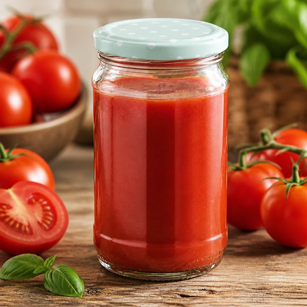 Salsa de tomate casera en un frasco redondo de cristal UNiTWIST de 370 ml con tapa BasicSeal verde menta con puntos