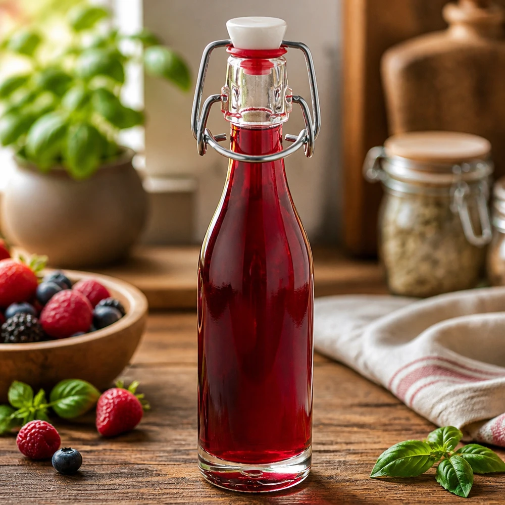 Botella de cristal de 50 ml con tapón oscilante llena de zumo de bayas rojas rodeado de fresas y arándanos frescos