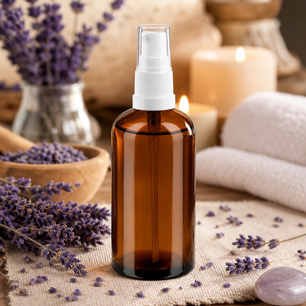 Botella pulverizadora de cristal de alta calidad de 100 ml en marrón ámbar con cabezal pulverizador blanco para una protección óptima contra los rayos UV