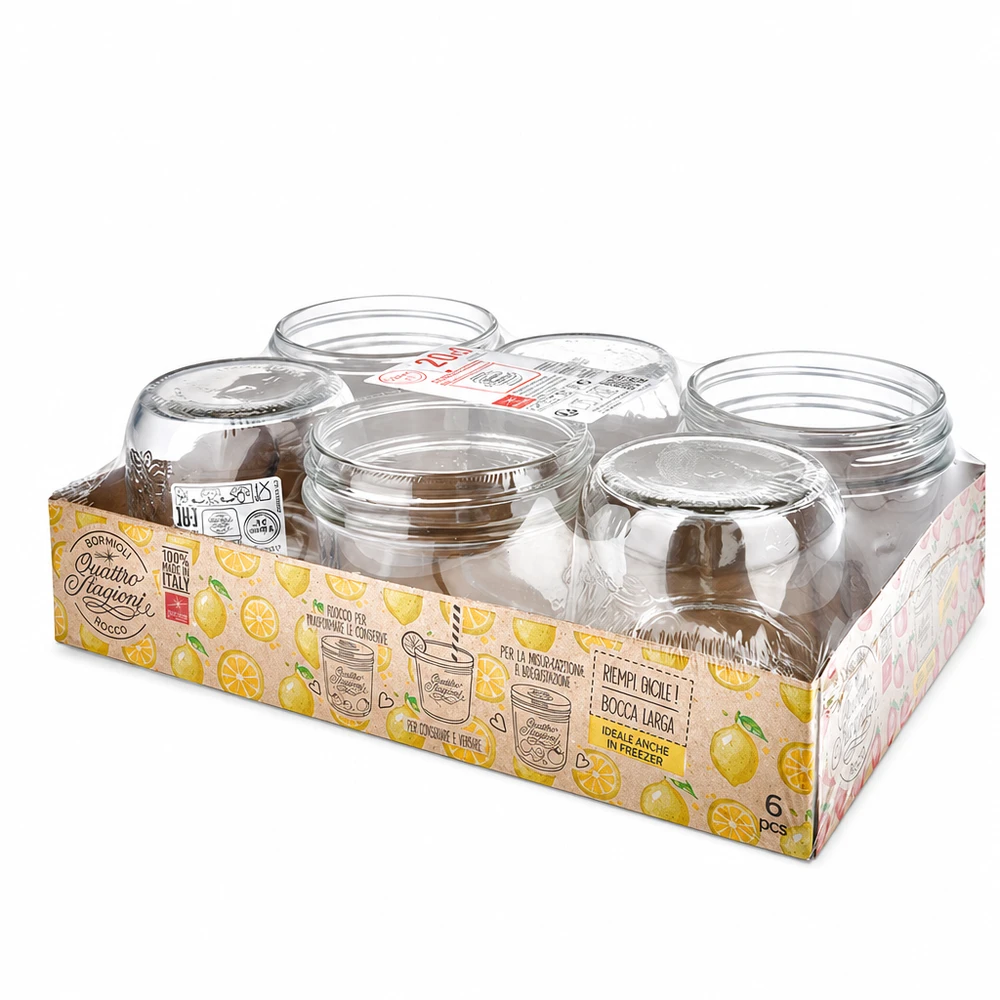 Lote de 6 tarros de conserva Quattro Stagioni de 200 ml con tapa en envase de venta para conservar y almacenar