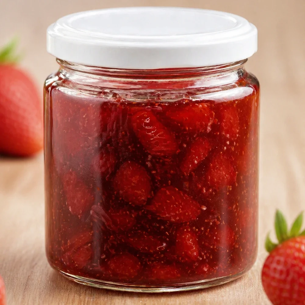 Tarro para miel de 350 g con tapa blanca BasicSeal UNiTWIST Tarro de miel de 250 ml con tapa blanca UNiTWIST lleno de mermelada de fresa roja junto a fresas frescas