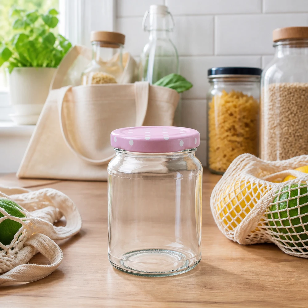 205ml tarro redondo + tapa BasicSeal puntos rosa UNiTWIST Leeres 205ml Rundglas mit rosa Punktedeckel in nachhaltiger Zero-Waste Küche mit Vorratsgläsern und Einkaufsnetz