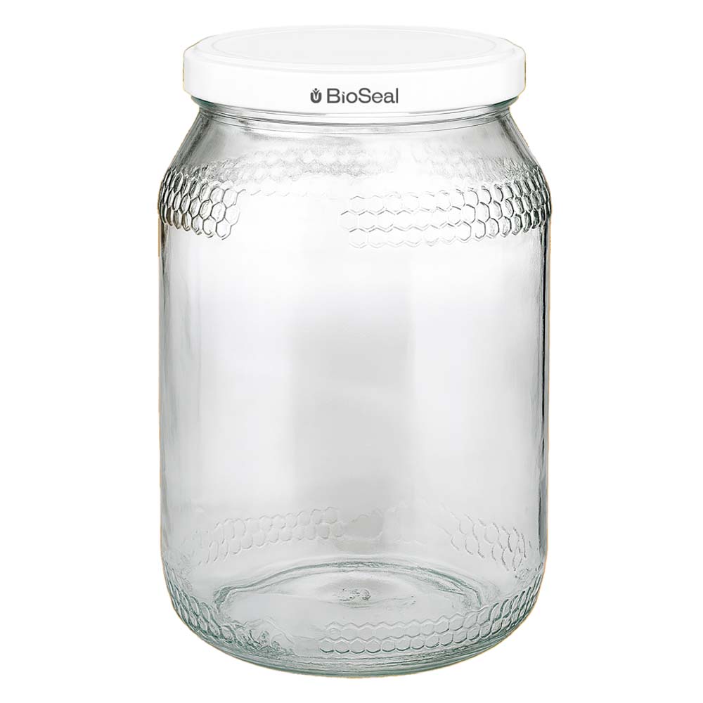 Tarro para miel de 1260 g con tapa blanca BioSeal UNiTWIST Tarro de miel de 900 ml con tapa blanca BioSeal Tarro de cristal vacío UNiTWIST para miel con diseño de panal de abeja