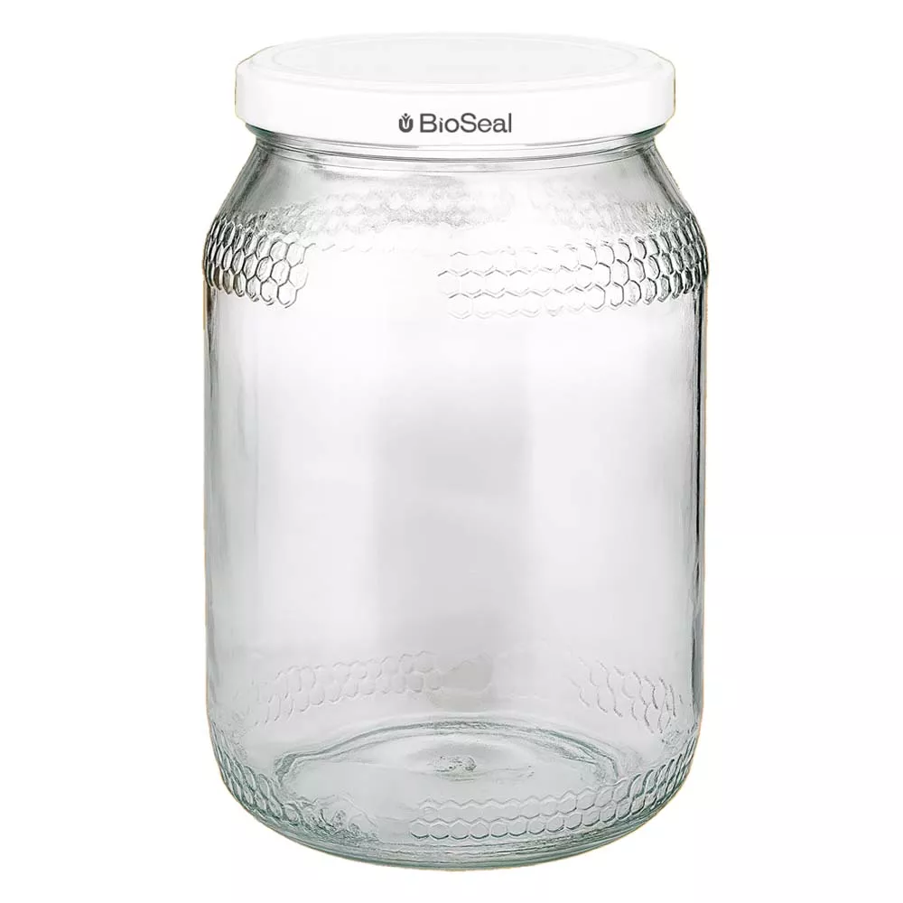 Tarro para miel de 1260 g con tapa blanca BioSeal UNiTWIST Tarro de miel de 900 ml con tapa blanca BioSeal Tarro de cristal vacío UNiTWIST para miel con diseño de panal de abeja
