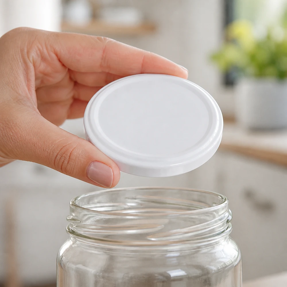 UNiTWIST TO58 blanco, BioSeal, sin BPA, unitemp Tapa BioSeal blanca para UNiTWIST TO58, en la mano sobre un recipiente de cristal abierto, sin BPA, de Unitemp para la cocina