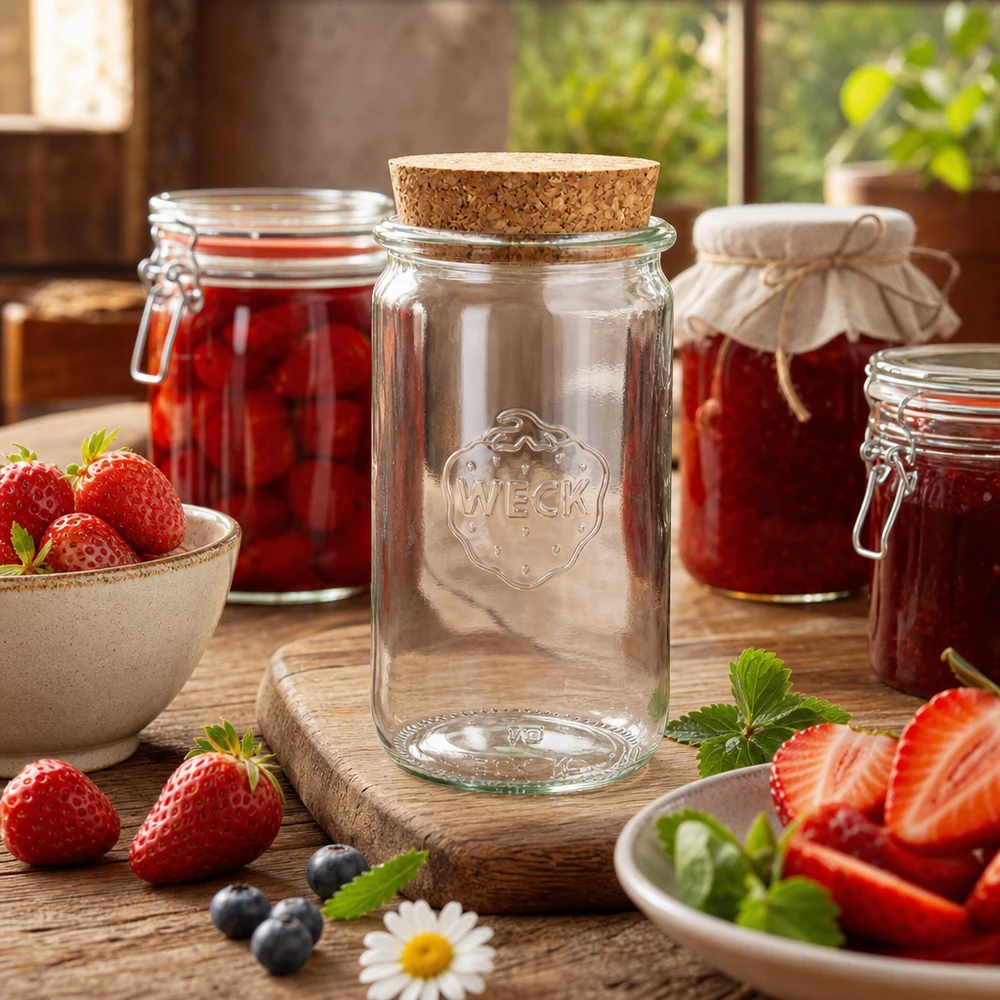 Tarro cilíndrico de 340ml WECK RR60 con corcho natural WECK 340ml tarro cilíndrico RR60 con corcho natural en ambiente de cocina decorado con fresas frescas y tarros de conserva