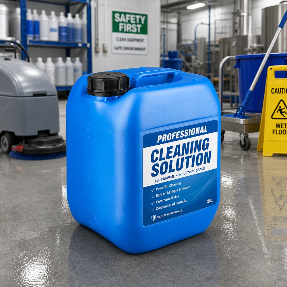 Jerrycan 5 litros azul con tapón de rosca cierre inviolable Bidón azul de 5 litros con tapón OV en el suelo de la nave industrial, junto a la máquina de limpieza