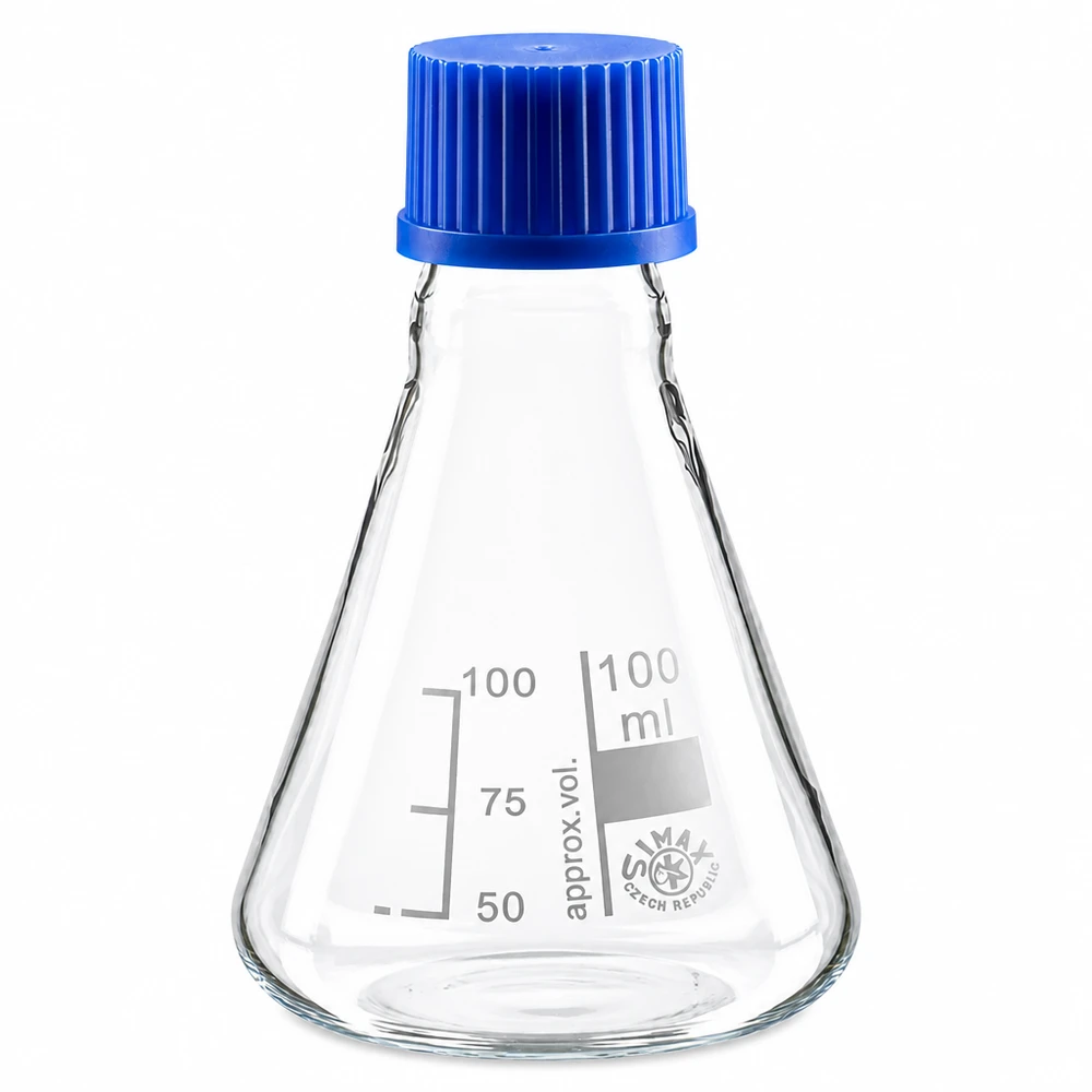 Matraz Erlenmeyer 100ml con tapón de rosca Erlenmeyer cónico de 100 ml con práctico tapón de rosca de plástico azul