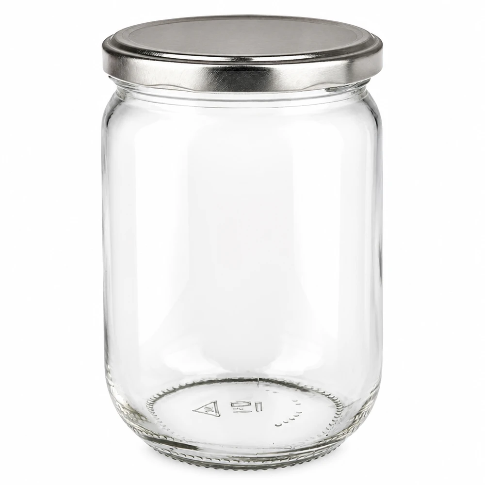 Frasco redondo de 555 ml con tapa BasicSeal plateada, vacío y transparente, visto desde delante