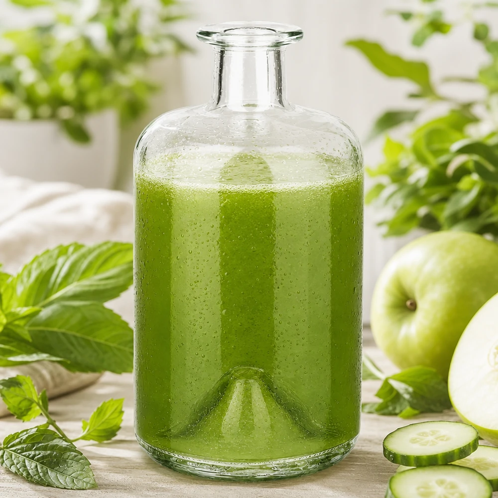 Botella de farmacia de 500 ml «500ml Glasflasche "Sofia" ohne Verschluss UNiTWIST» sin tapón UNiTWIST® Botella de cristal de 500ml Sofia rellena de smoothie verde pepino manzana menta bebida detox botella botica cocina