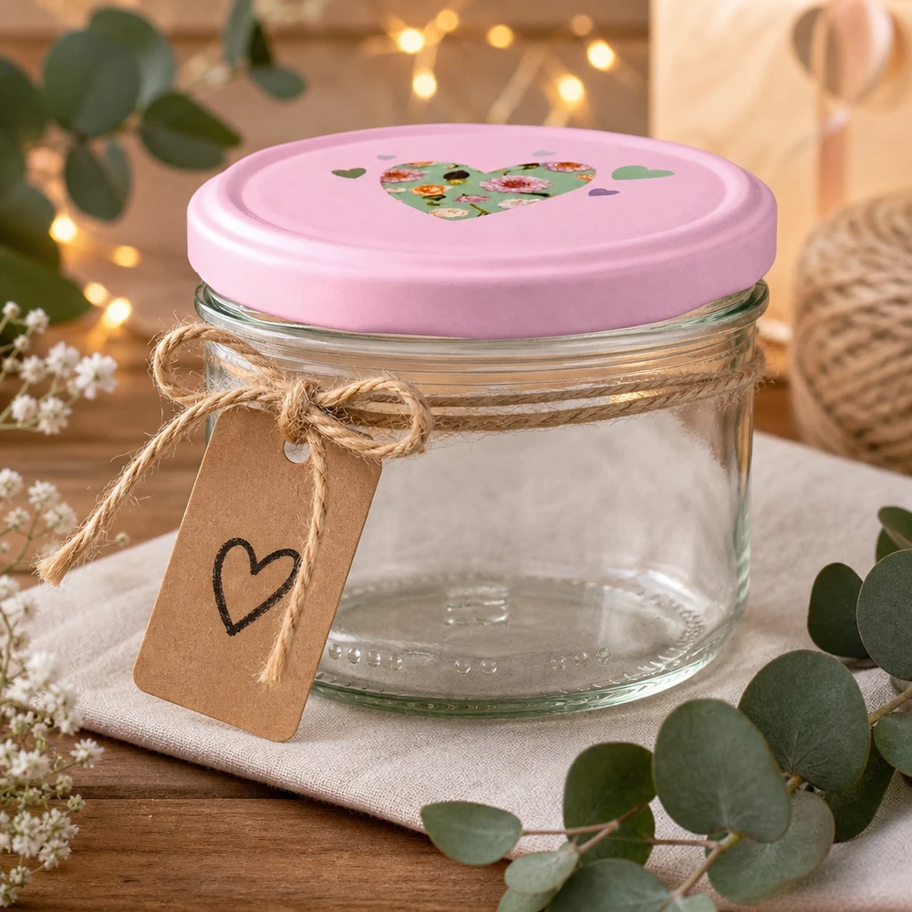 Tarro cilíndrico de 230 ml con tapa de corazón rosa decorado con cinta de yute, colgante y eucalipto como idea de regalo