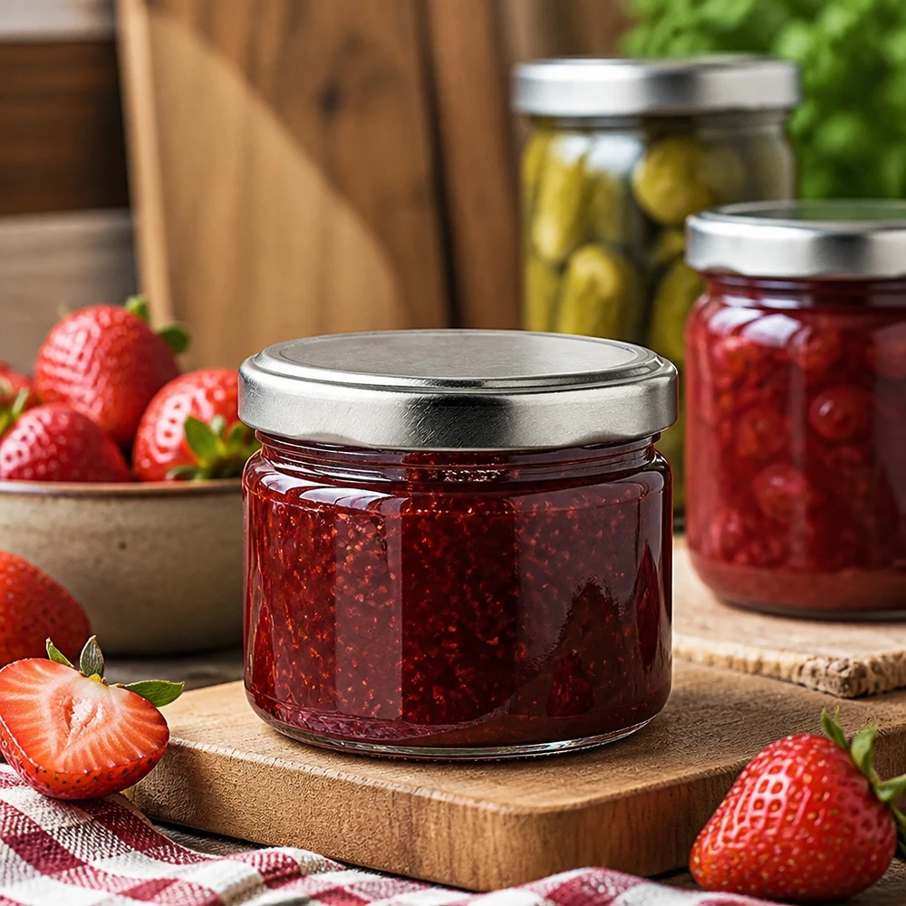 Tarro redondo de 540 ml con tapa plateada para mermelada y confitura, tarro de conserva con fresas sobre una mesa de madera