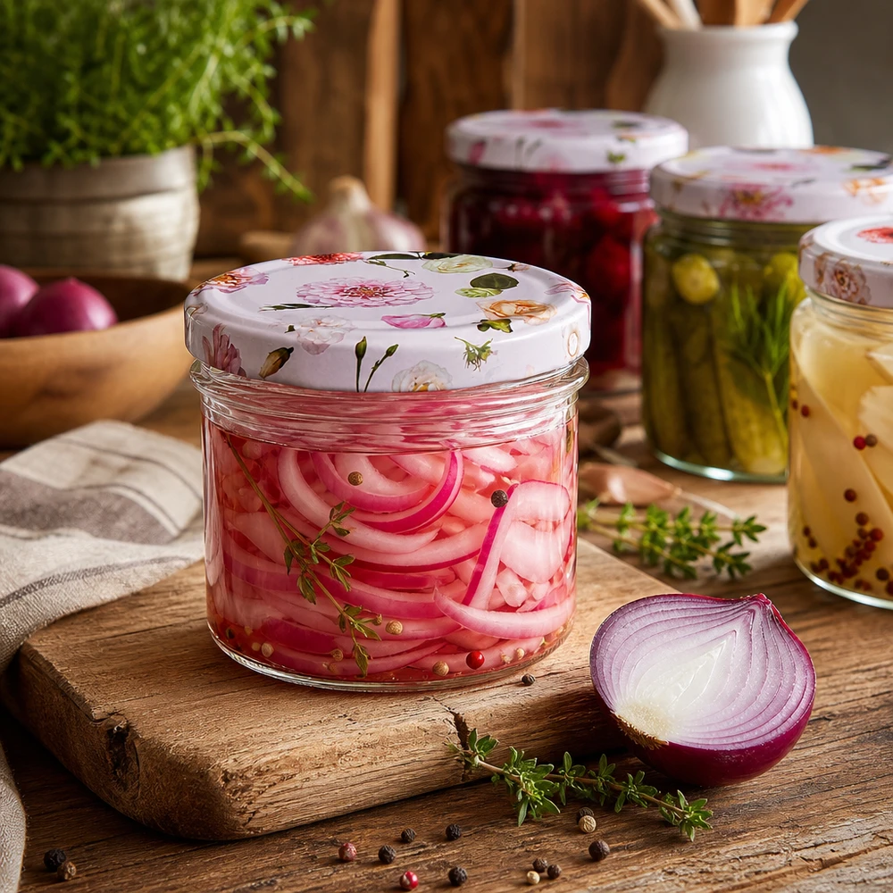 Cebollas rojas encurtidas en vasos de 225 ml con tapa BasicSeal de flores rosas - fermentación y conservación de verduras