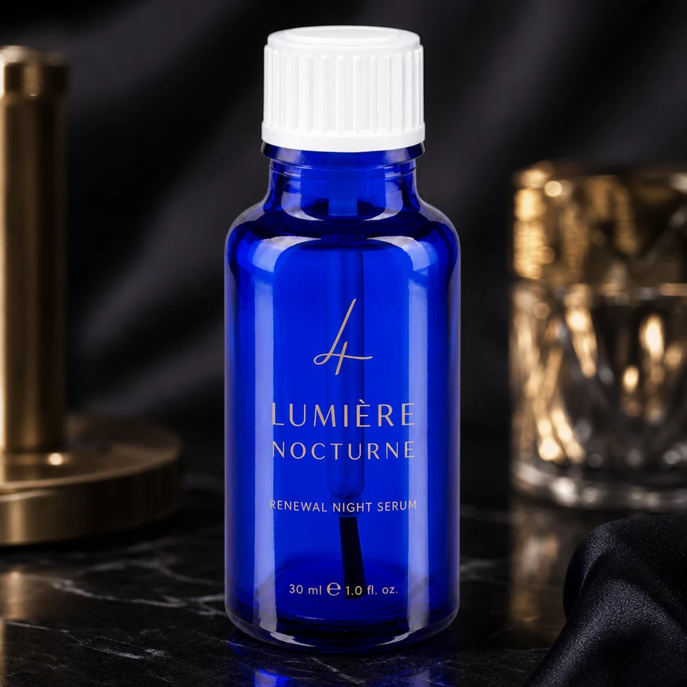 Frasco de farmacia azul de 20 ml de cristal de cobalto con tapón de rosca blanco sobre mármol negro