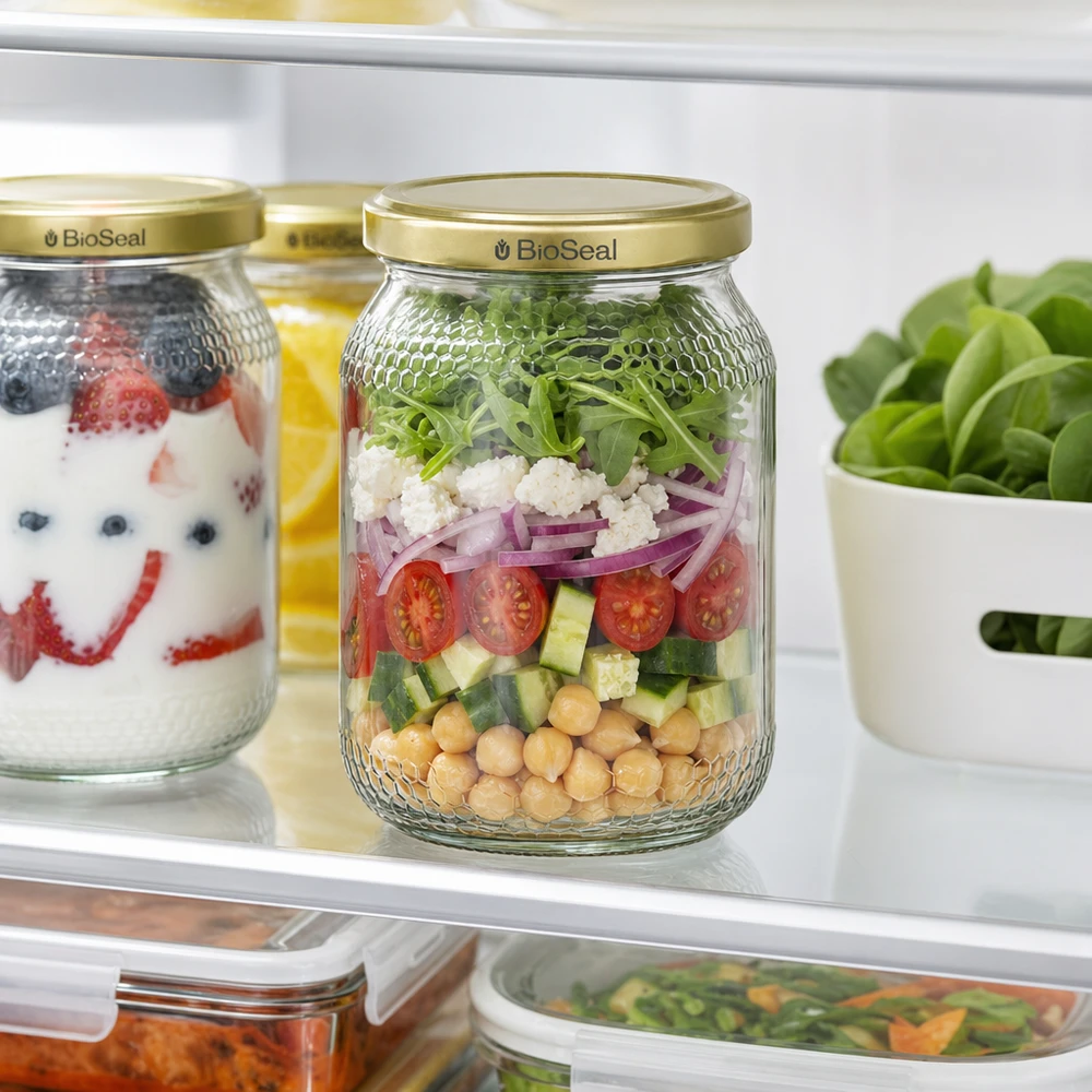 tarro miel 900ml tapa BioSeal oro nevera Meal Prep ensalada capa tarro garbanzos tomates almacenamiento