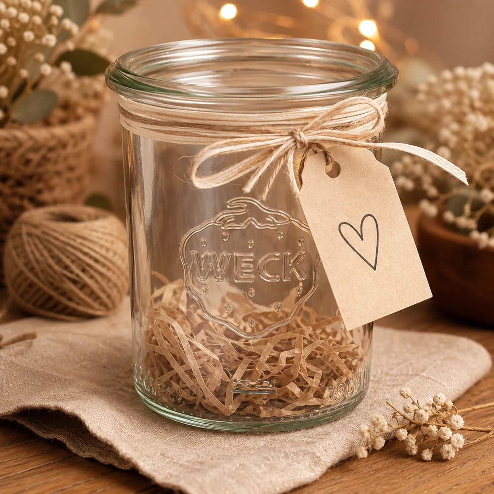 Vasos de 160 ml WECK RR60 con colgante de corazón y cordón de rafia decorados como envoltorio de regalo sobre una mesa de madera