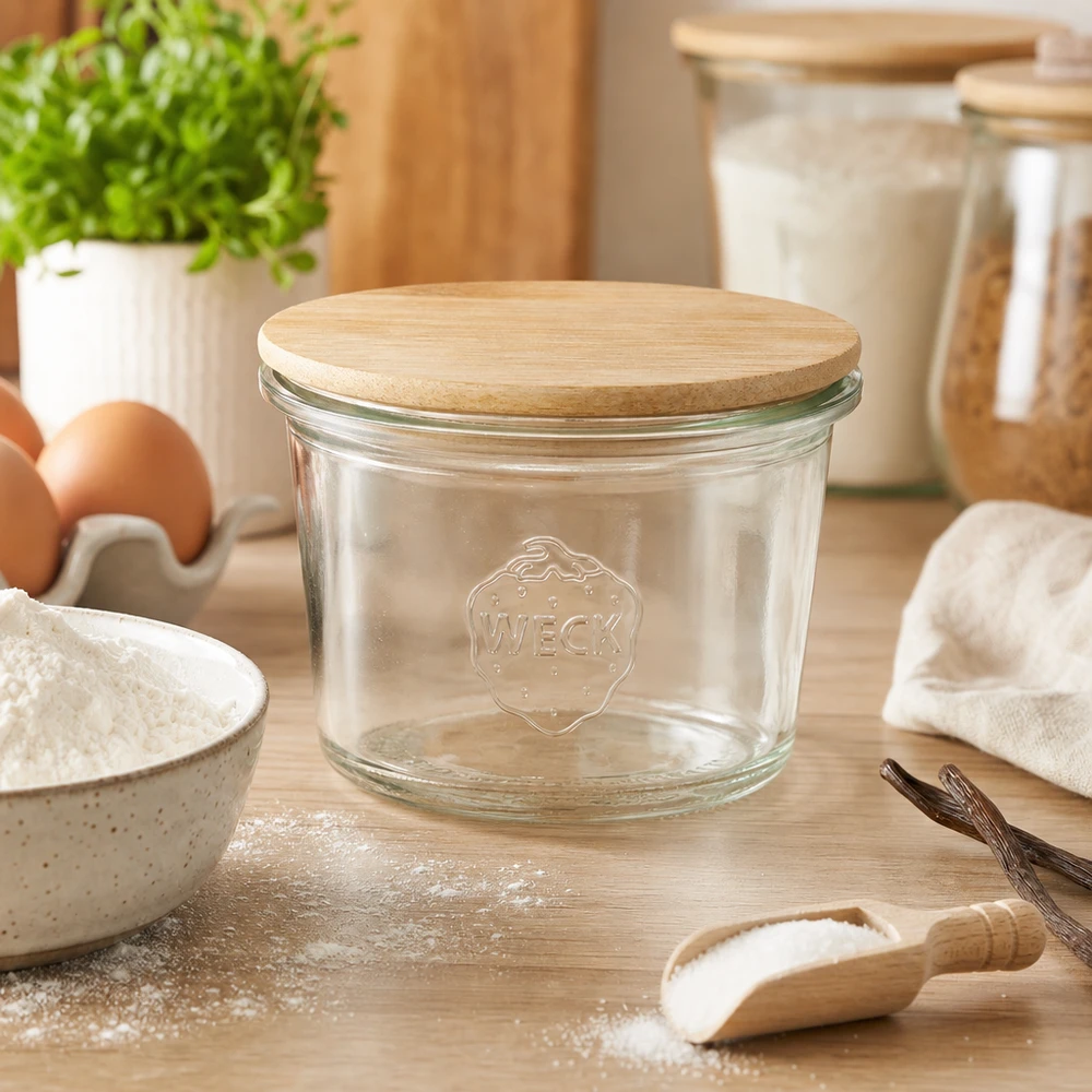 Tarro mini WECK RR40 de 35 ml con tapa de madera WECK Mini Sturzglas 35ml RR40 mit Bambus Holzdeckel in moderner Küche zwischen Backzutaten Mehl und Eiern