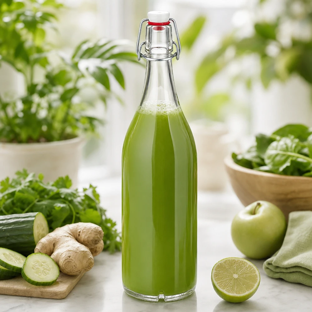 Botella de cristal de 1000 ml con tapón oscilante llena de zumo verde rodeado de ingredientes frescos como pepino y jengibre
