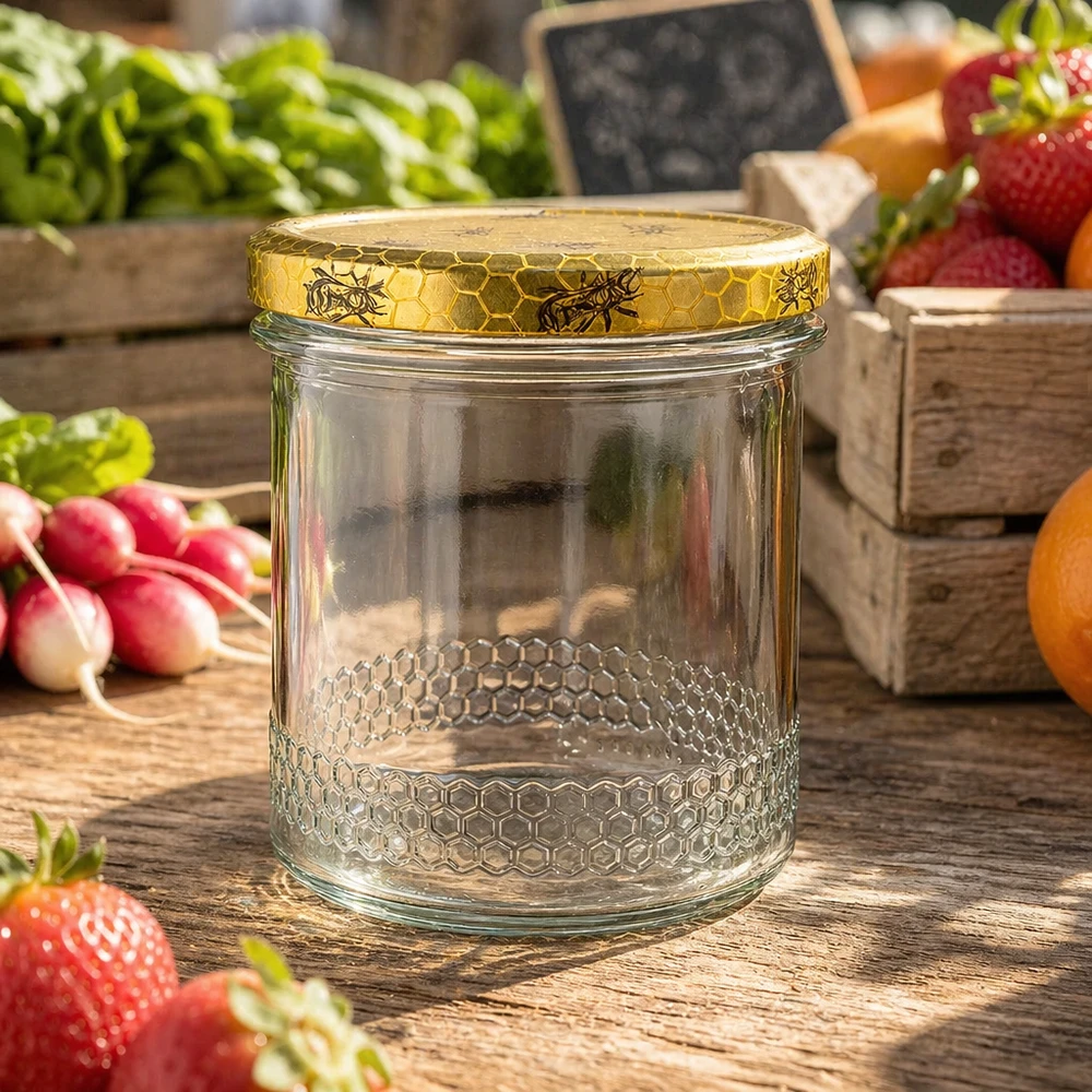 Tarro de miel de 400 ml con tapa de panal BasicSeal, tarro apícola vacío entre fresas frescas y verduras