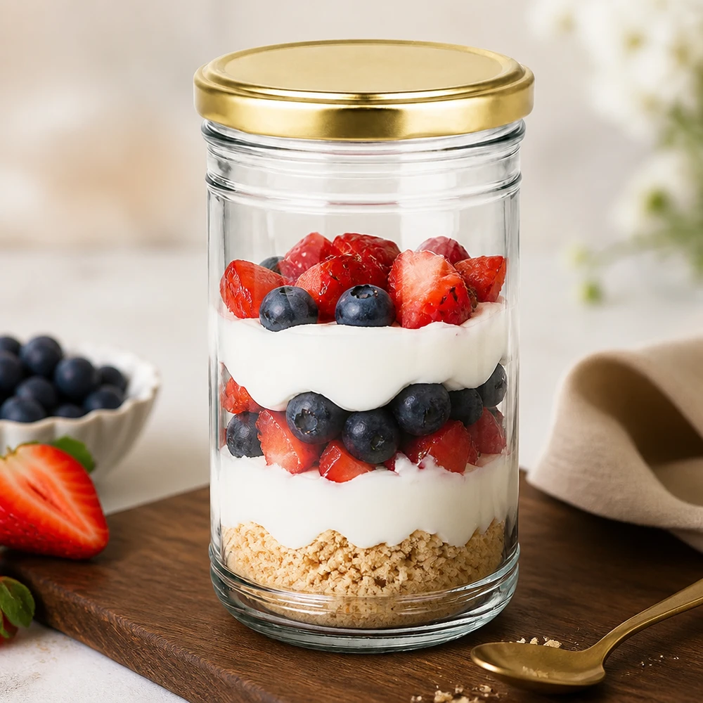 Postre en capas con bayas y yogur en un tarro de cristal de 1053 ml con tapa dorada como idea de postre saludable