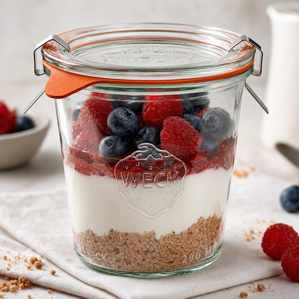 WECK vasos 290ml RR80 como tarro de postre con yogur bayas y muesli en capas sobre una superficie blanca
