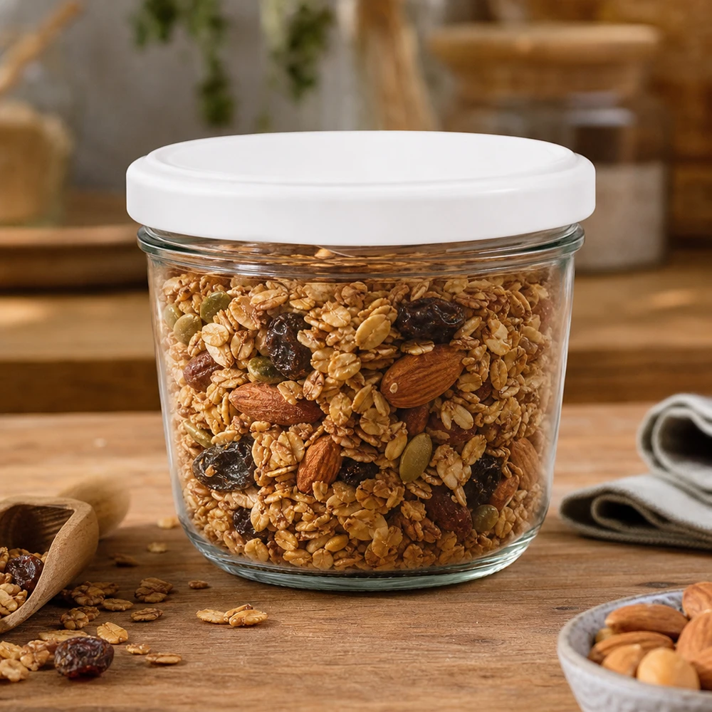 Vasos de 230ml con tapa BasicSeal blanco UNiTWIST Tarro de cristal de 230 ml con tapa BasicSeal lleno de muesli y frutos secos, perfecto para almacenar alimentos secos